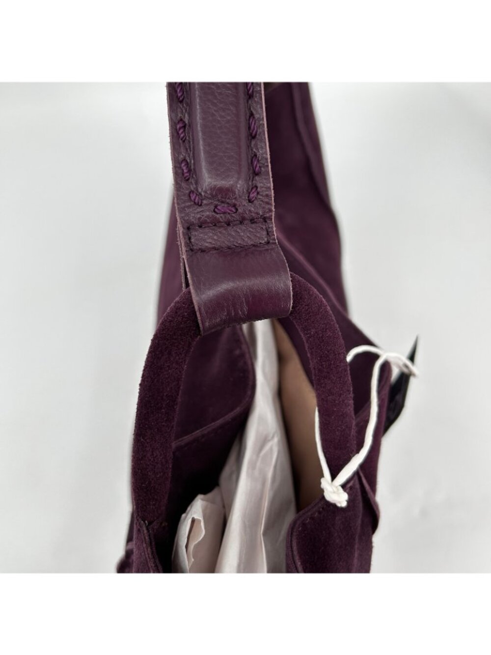 The Sak Los Feliz Tote Aubergine Suede Snap Shoulder Strap Silver Lined Slouchy - Picture 11 of 14